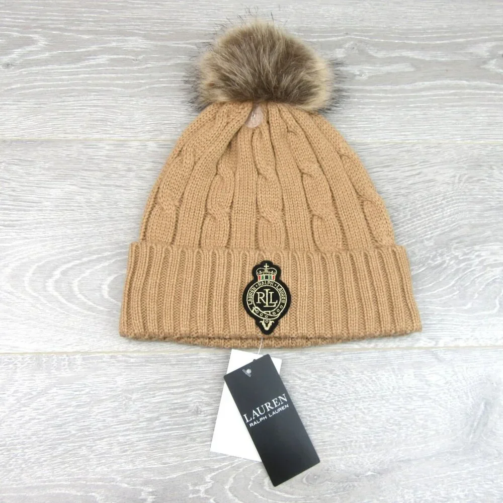 Lauren Ralph Lauren Crest-Patch Pom Pom Cable-Knit Beanie NEW - Picture 4 of 11
